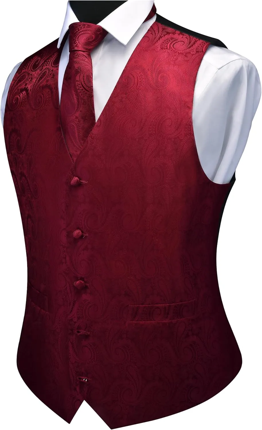 GUSLESON Men's V-Neck Suit Vests Formal Men Vest Paisley Jacquard Tie Waistcoat Bow tie Hanky Set Wedding 7PCS