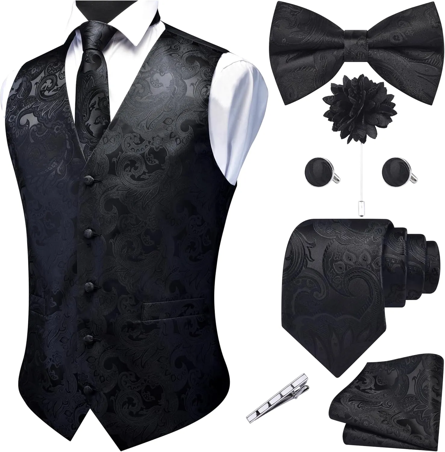 GUSLESON Men's V-Neck Suit Vests Formal Men Vest Paisley Jacquard Tie Waistcoat Bow tie Hanky Set Wedding 7PCS