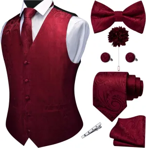 GUSLESON Men's V-Neck Suit Vests Formal Men Vest Paisley Jacquard Tie Waistcoat Bow tie Hanky Set Wedding 7PCS