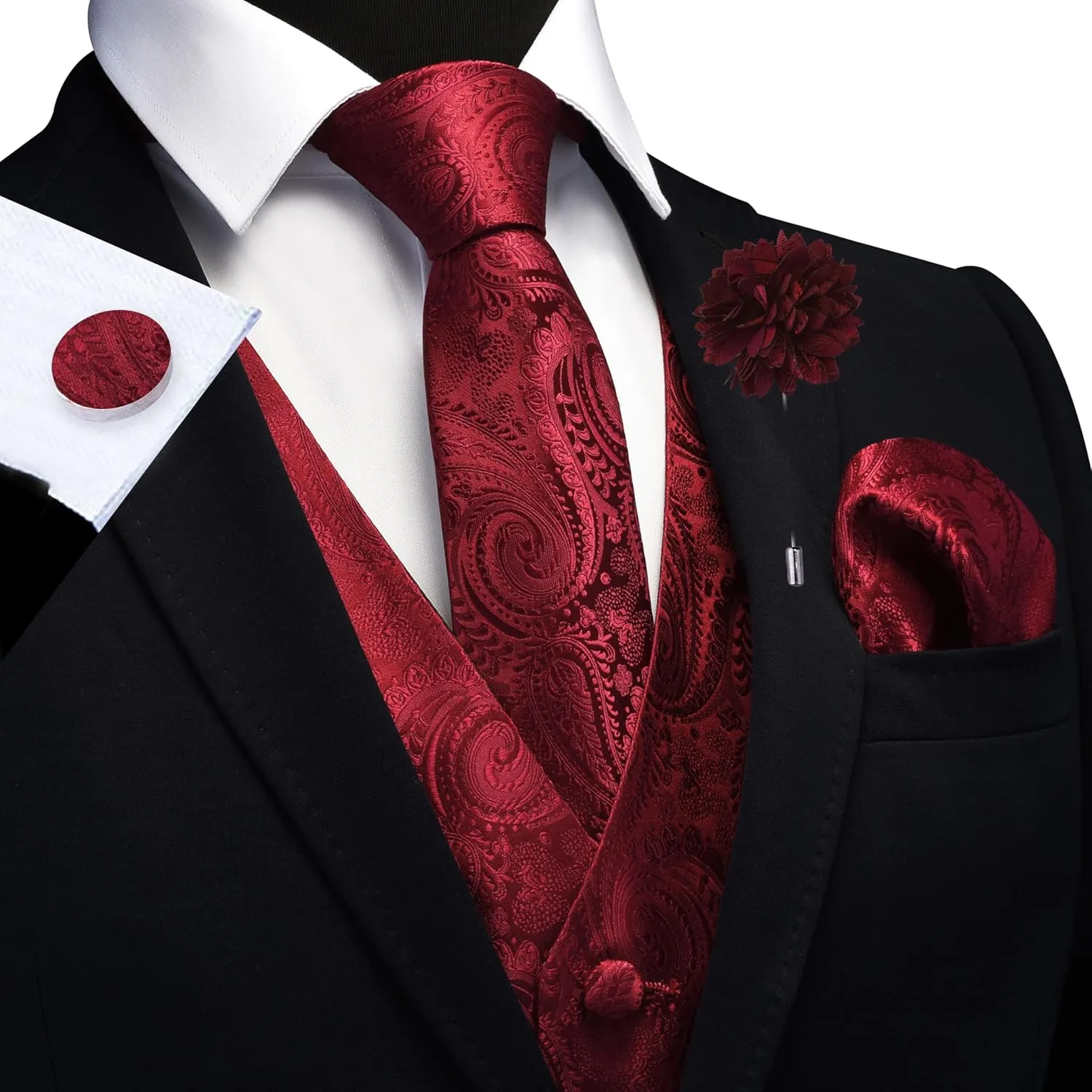 GUSLESON Men's V-Neck Suit Vests Formal Men Vest Paisley Jacquard Tie Waistcoat Bow tie Hanky Set Wedding 7PCS