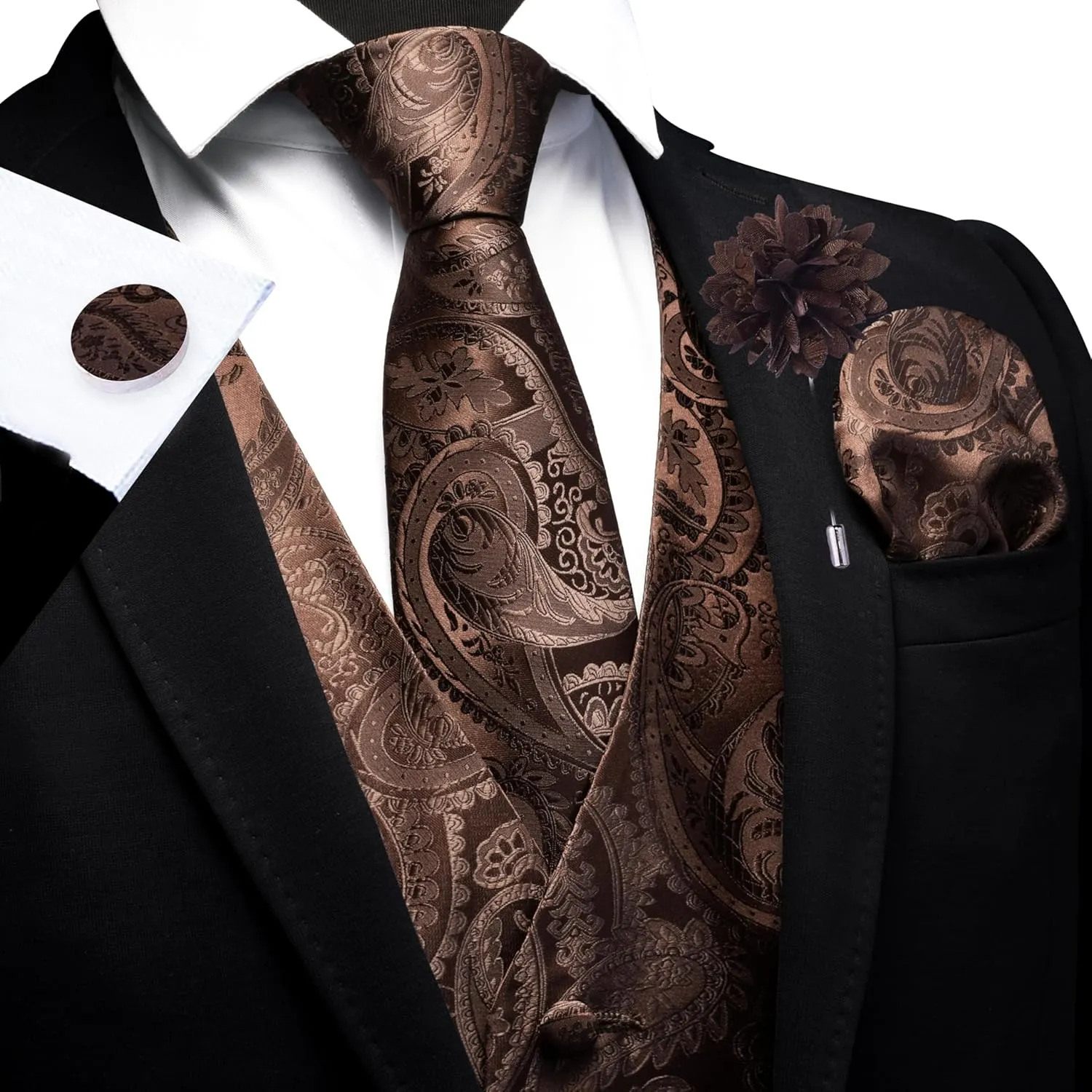 GUSLESON Men's V-Neck Suit Vests Formal Men Vest Paisley Jacquard Tie Waistcoat Bow tie Hanky Set Wedding 7PCS