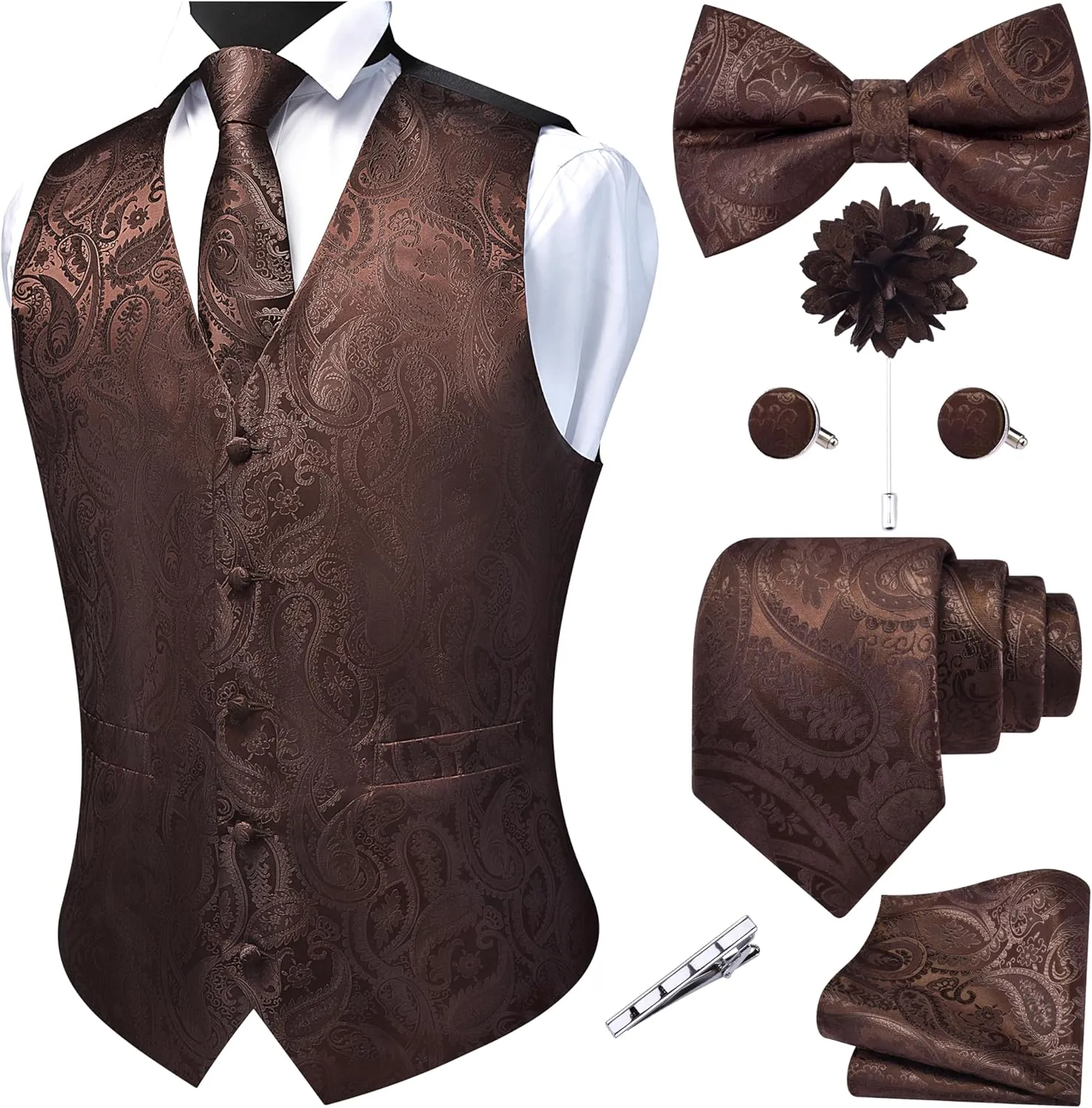 GUSLESON Men's V-Neck Suit Vests Formal Men Vest Paisley Jacquard Tie Waistcoat Bow tie Hanky Set Wedding 7PCS