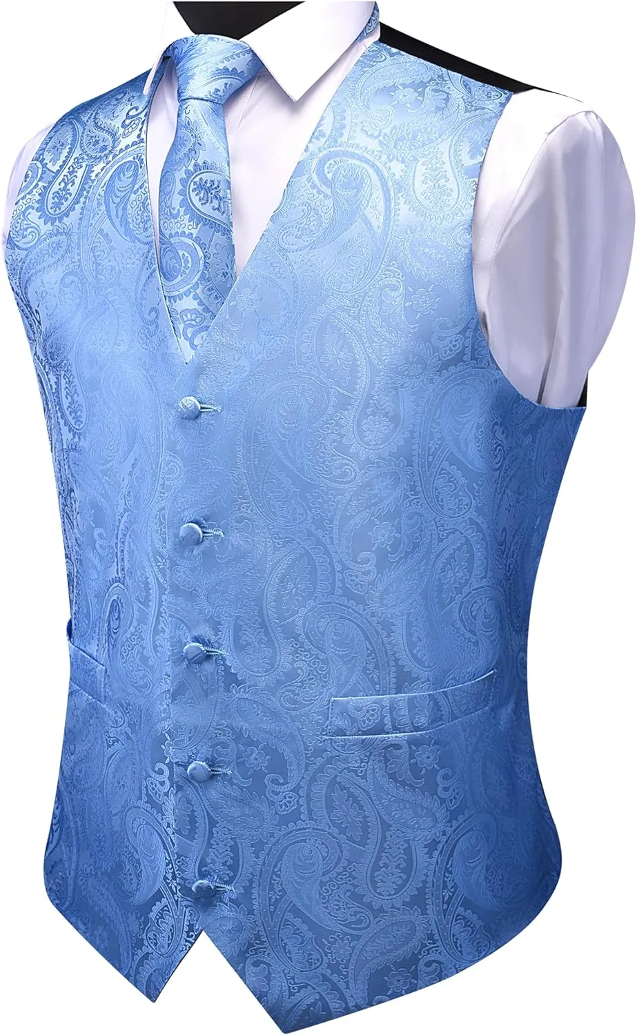GUSLESON Men's V-Neck Suit Vests Formal Men Vest Paisley Jacquard Tie Waistcoat Bow tie Hanky Set Wedding 7PCS