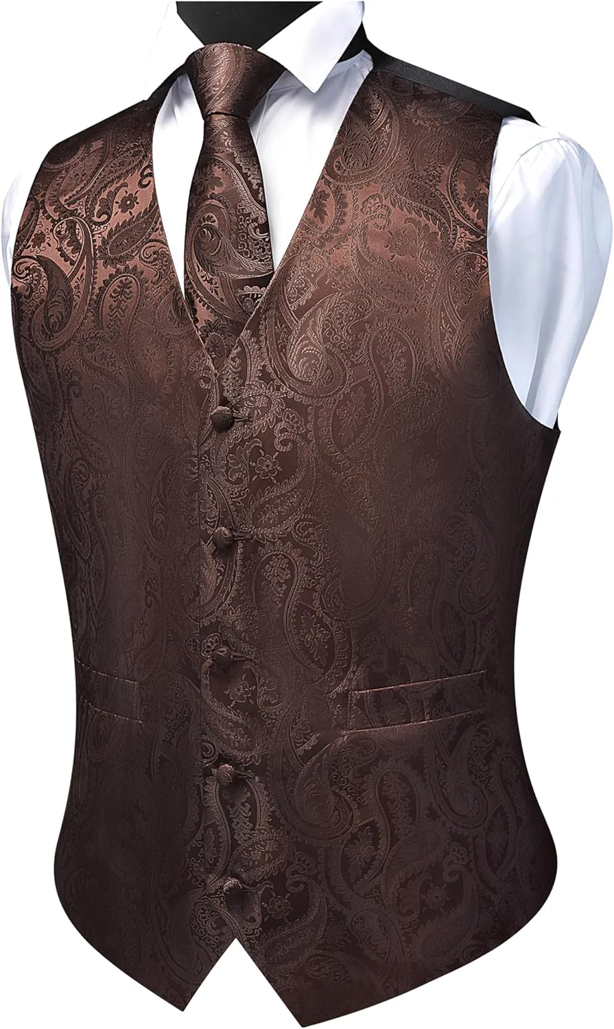 GUSLESON Men's V-Neck Suit Vests Formal Men Vest Paisley Jacquard Tie Waistcoat Bow tie Hanky Set Wedding 7PCS