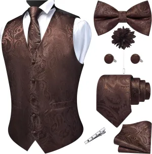 GUSLESON Men's V-Neck Suit Vests Formal Men Vest Paisley Jacquard Tie Waistcoat Bow tie Hanky Set Wedding 7PCS