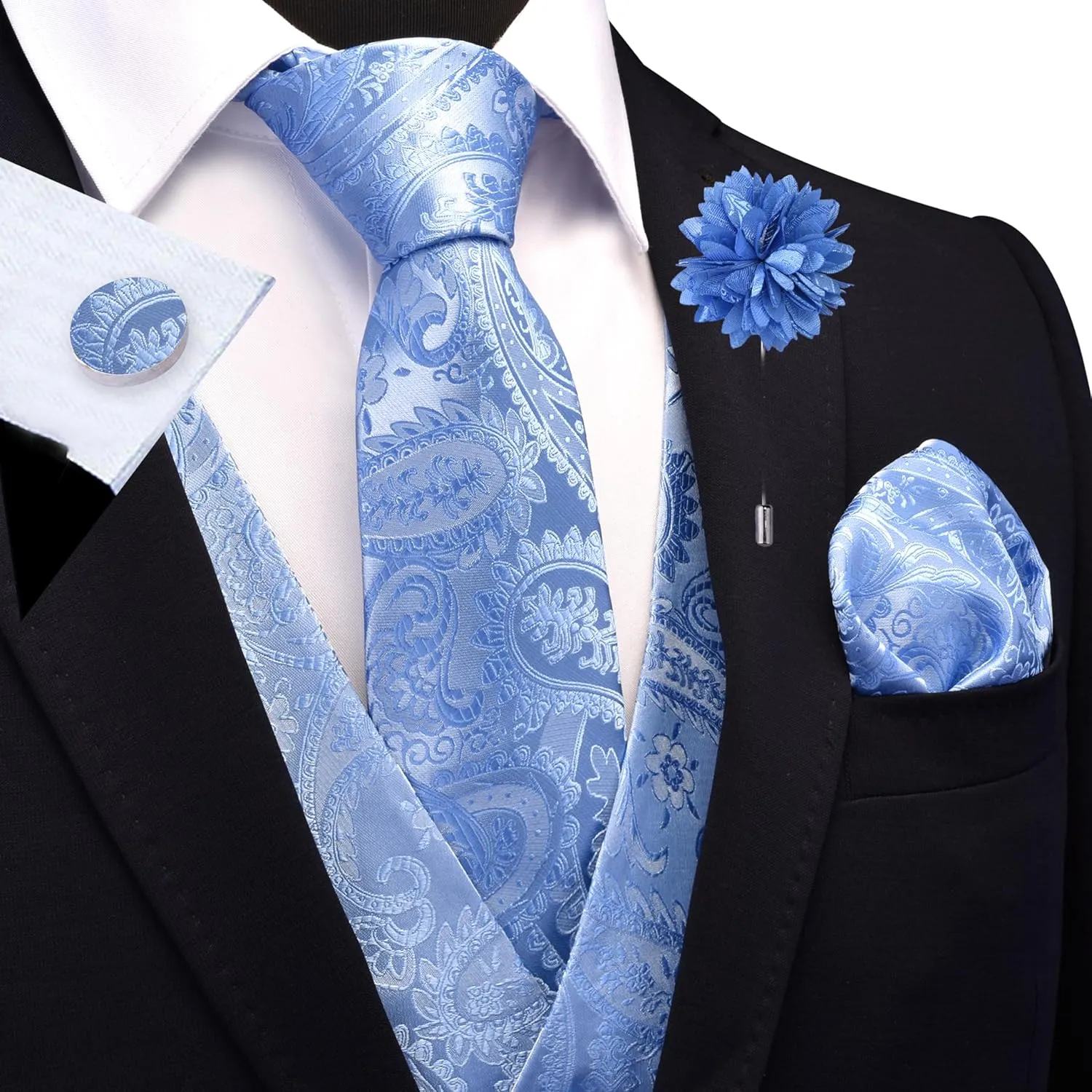 GUSLESON Men's V-Neck Suit Vests Formal Men Vest Paisley Jacquard Tie Waistcoat Bow tie Hanky Set Wedding 7PCS