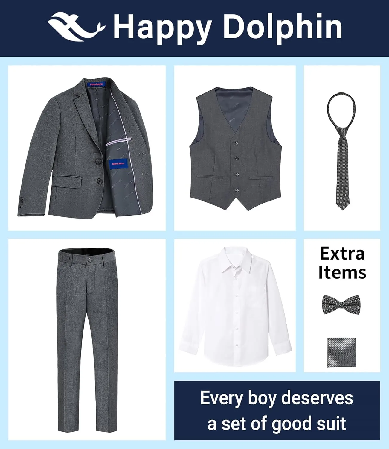 Happy Dolphin Boys Suit Set Modern Fit Kids Suits Adjustable Waist Boys Wedding Outfit for Boy Communion Suits for Boys