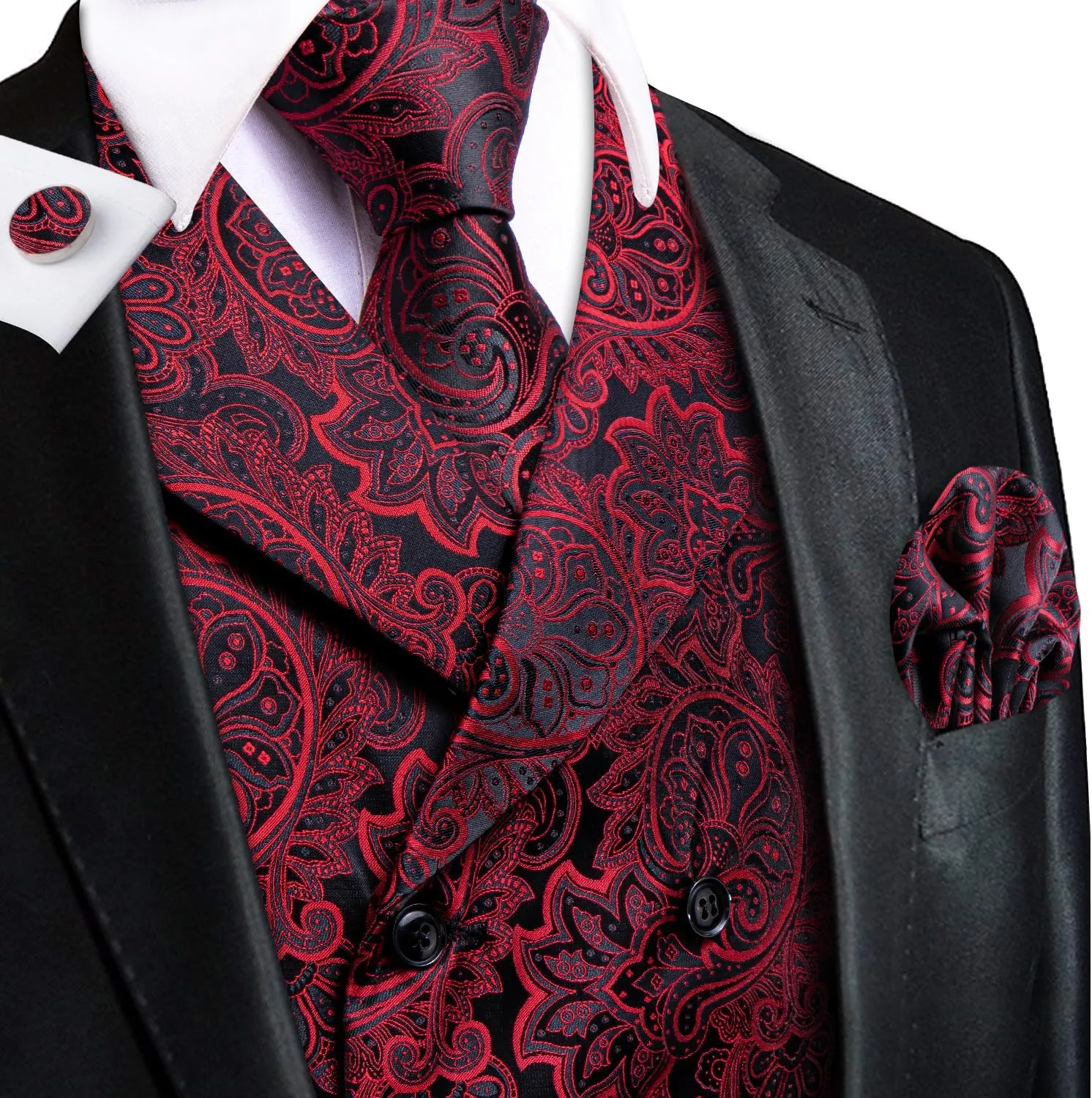 Hi-Tie Mens Silk Paisley Victorian Suit Vests Tie Set Lapel Pin Gold Tie Clip Double Breasted Steampunk Tuxedo Waistcoat