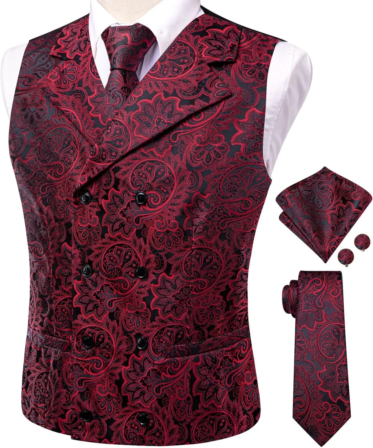 Hi-Tie Mens Silk Paisley Victorian Suit Vests Tie Set Lapel Pin Gold Tie Clip Double Breasted Steampunk Tuxedo Waistcoat