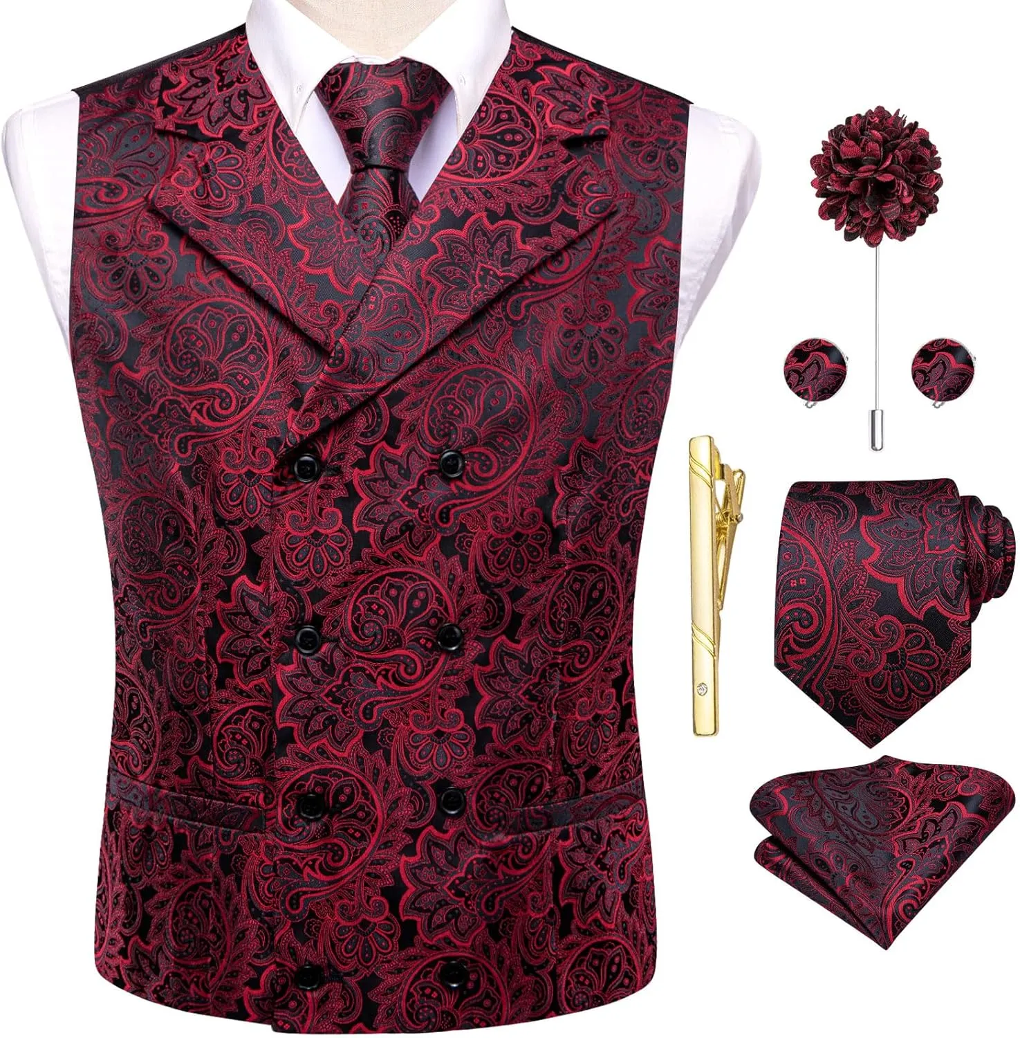 Hi-Tie Mens Silk Paisley Victorian Suit Vests Tie Set Lapel Pin Gold Tie Clip Double Breasted Steampunk Tuxedo Waistcoat