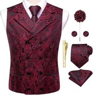 Hi-Tie Mens Silk Paisley Victorian Suit Vests Tie Set Lapel Pin Gold Tie Clip Double Breasted Steampunk Tuxedo Waistcoat