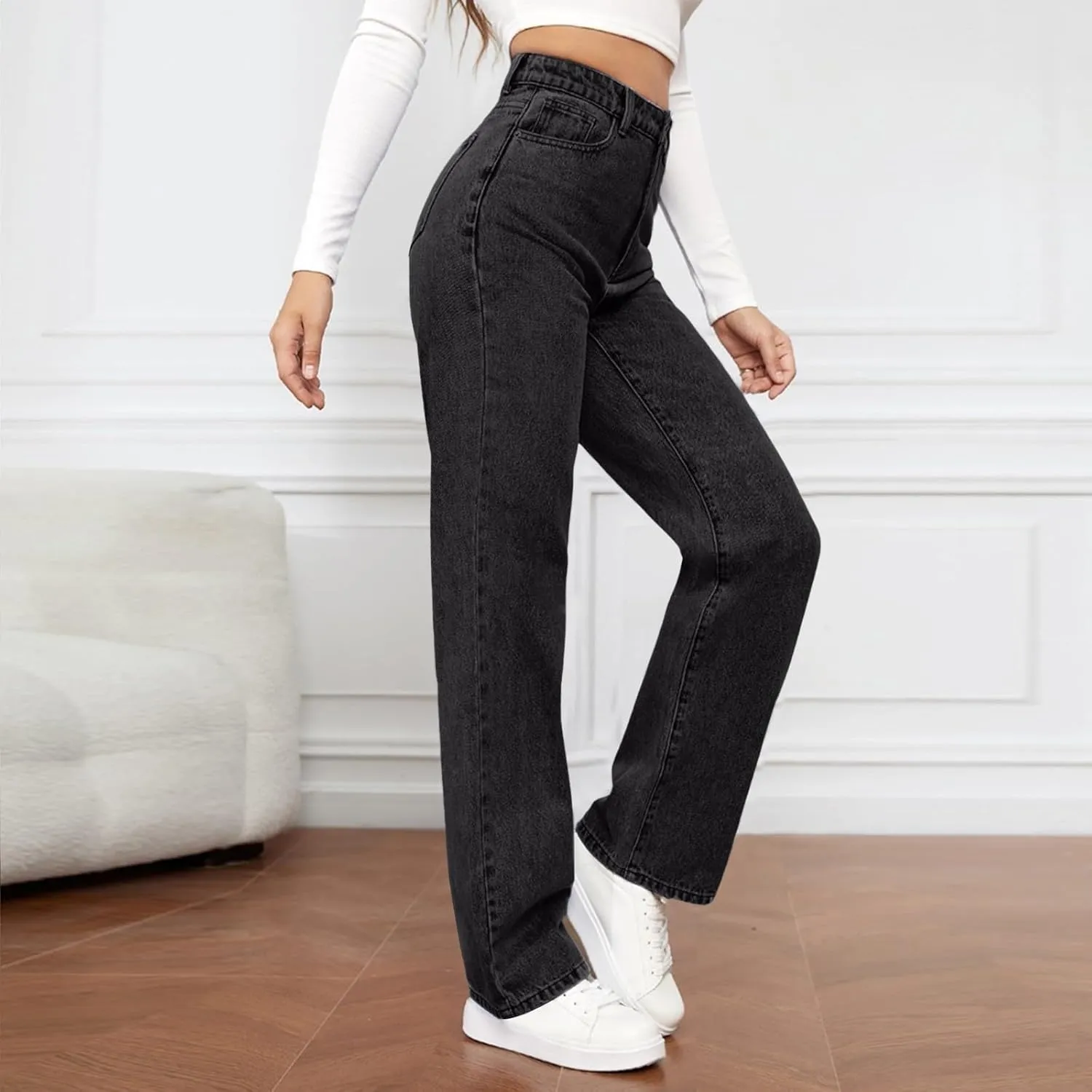 High Rise Jeans for Women Wide Leg Stretchy Pants Straight Leg Loose Denim Tummy Control Trousers with Pockets