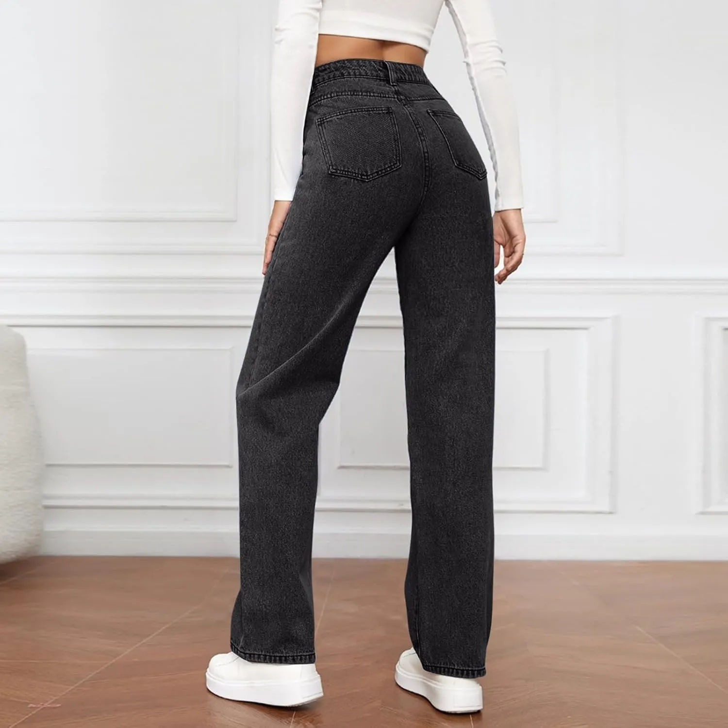 High Rise Jeans for Women Wide Leg Stretchy Pants Straight Leg Loose Denim Tummy Control Trousers with Pockets