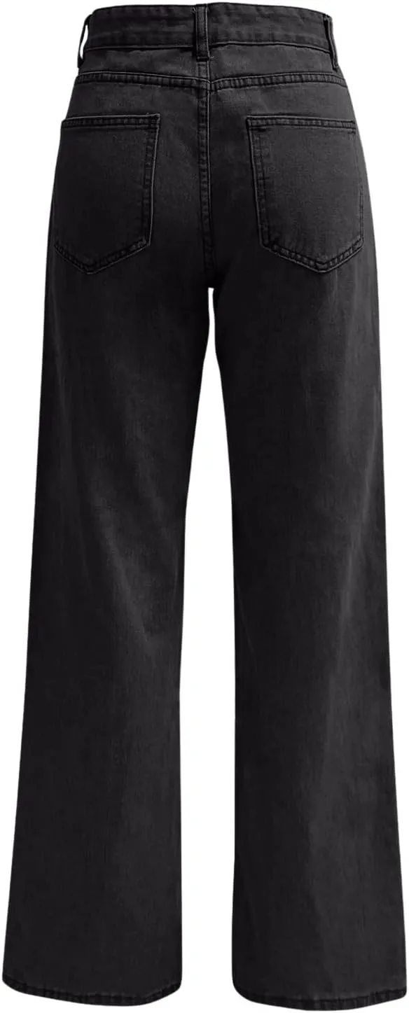 High Rise Jeans for Women Wide Leg Stretchy Pants Straight Leg Loose Denim Tummy Control Trousers with Pockets