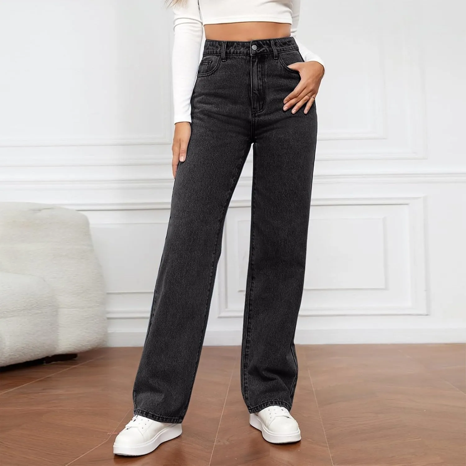High Rise Jeans for Women Wide Leg Stretchy Pants Straight Leg Loose Denim Tummy Control Trousers with Pockets