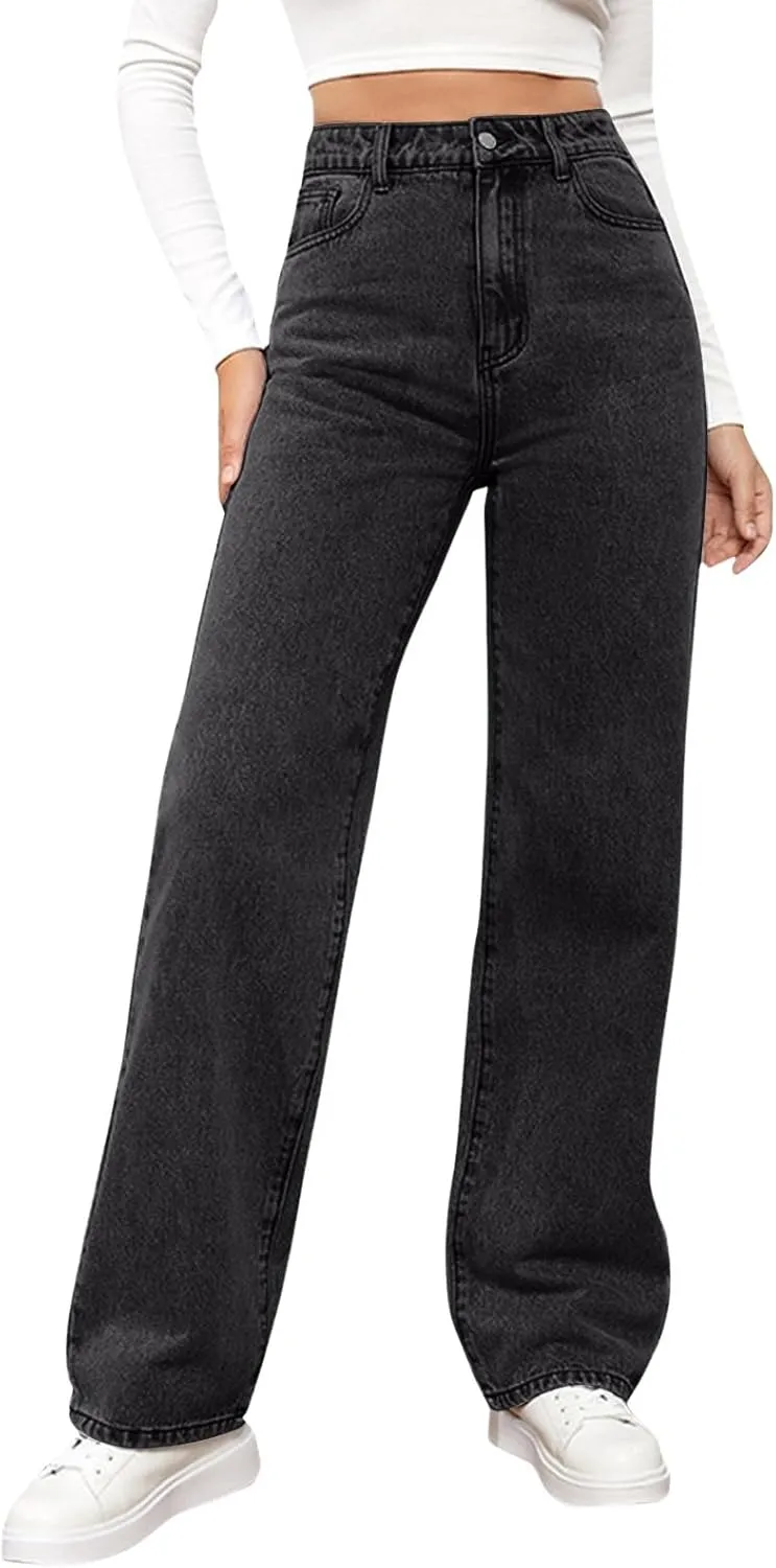 High Rise Jeans for Women Wide Leg Stretchy Pants Straight Leg Loose Denim Tummy Control Trousers with Pockets