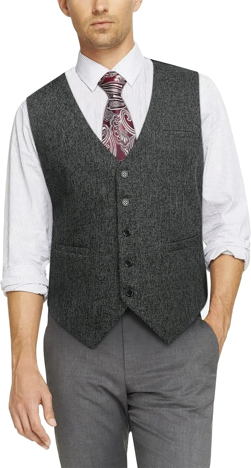 HISDERN Men's Suit Vest Business Plaid Formal Dress Waistcoat Slim Fit Vests for Men with 3 Pocket for Suit or Tuxedo