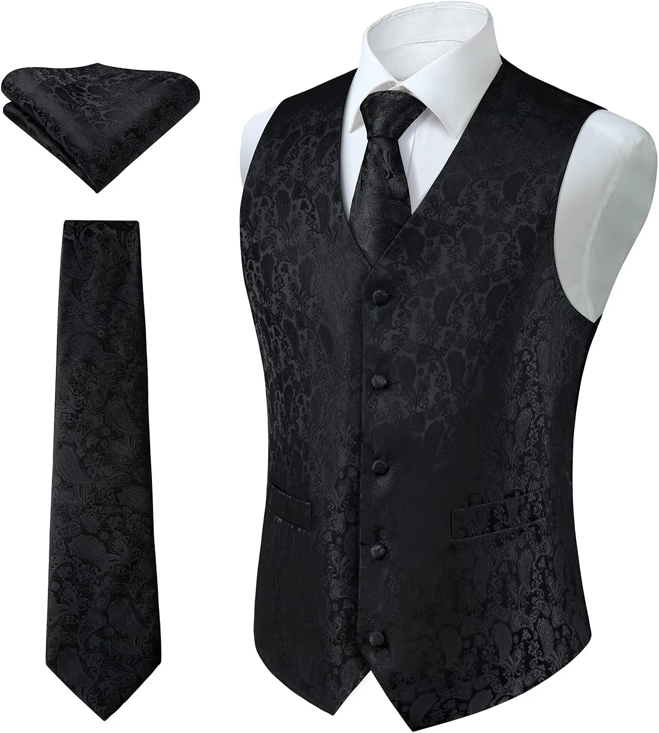 HISDERN Mens Vest Tie Set 3PC Formal Waistcoat Paisley Floral Jacquard Necktie Pocket Square Suit Vests Wedding Party
