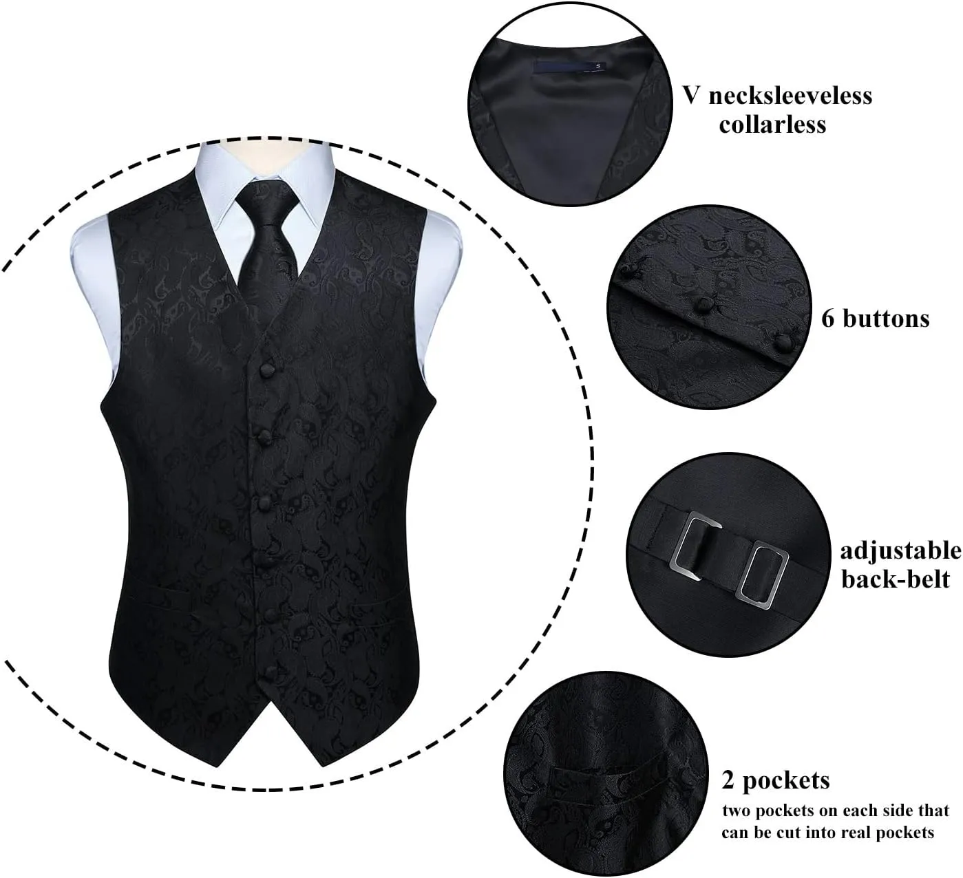 HISDERN Mens Vest Tie Set 3PC Formal Waistcoat Paisley Floral Jacquard Necktie Pocket Square Suit Vests Wedding Party