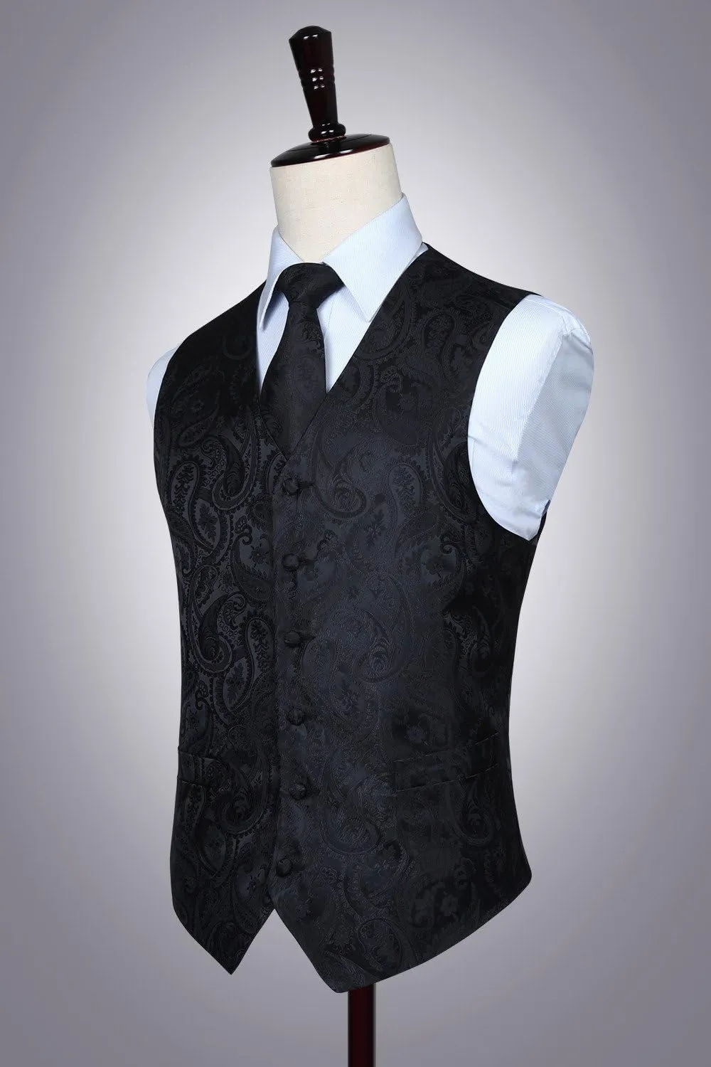 HISDERN Mens Vest Tie Set 3PC Formal Waistcoat Paisley Floral Jacquard Necktie Pocket Square Suit Vests Wedding Party