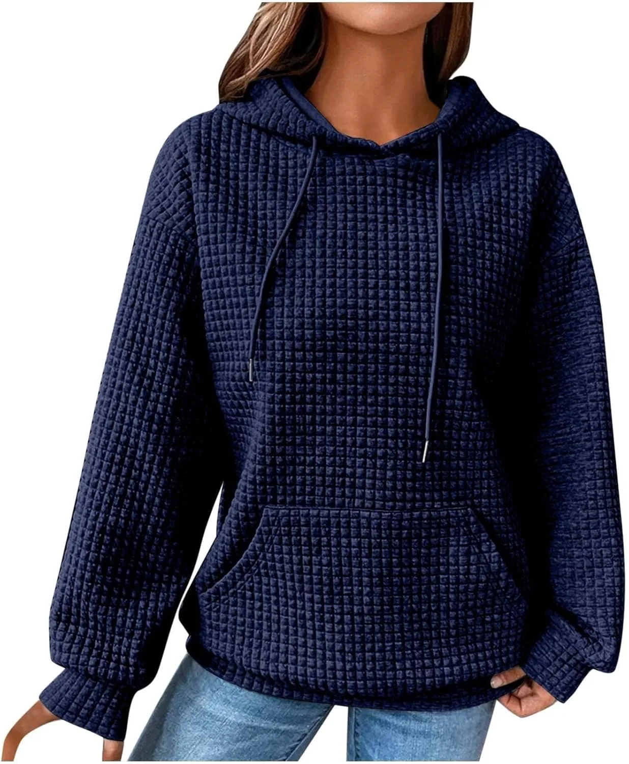 Hoodies for Women Casual Long Sleeve Waffle Sweatshirt Loose Drop Shoulder Pullover with Pocket Trendy Y2k Hoodie