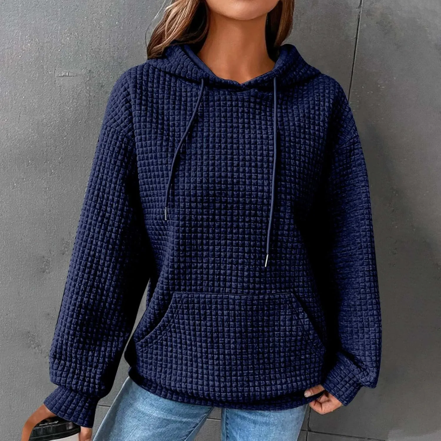 Hoodies for Women Casual Long Sleeve Waffle Sweatshirt Loose Drop Shoulder Pullover with Pocket Trendy Y2k Hoodie