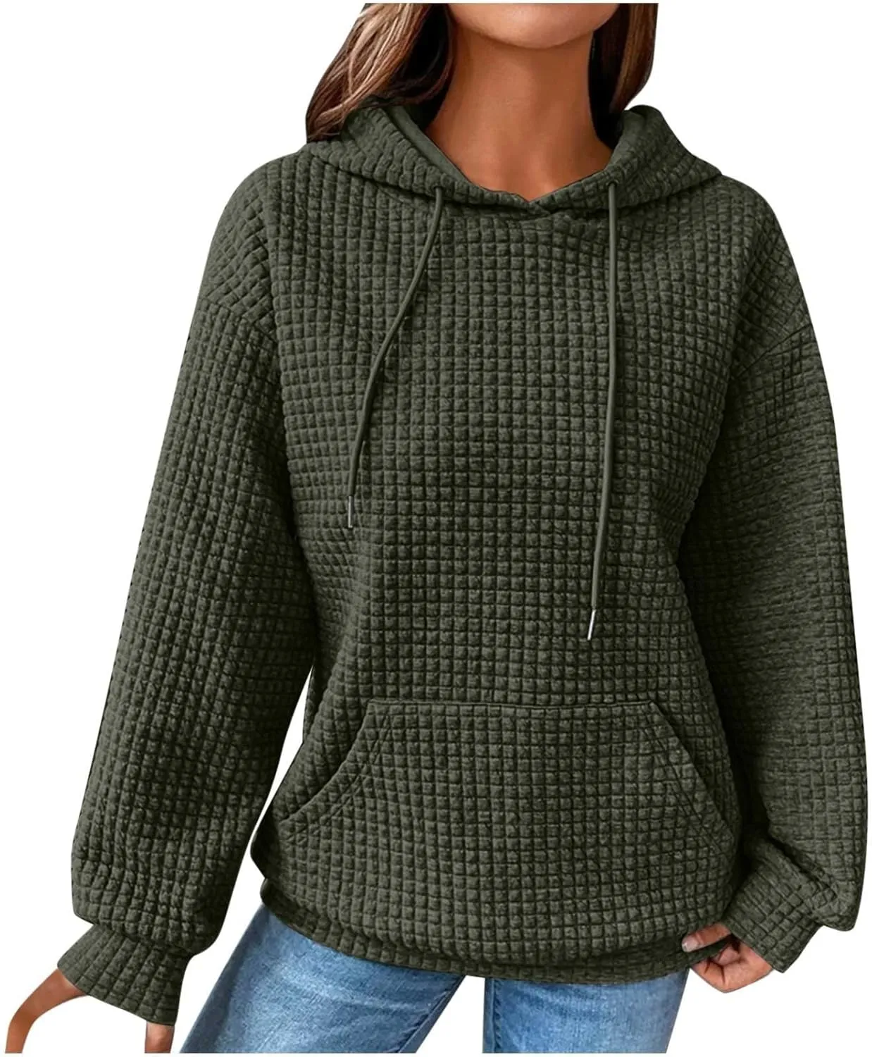 Hoodies for Women Casual Long Sleeve Waffle Sweatshirt Loose Drop Shoulder Pullover with Pocket Trendy Y2k Hoodie