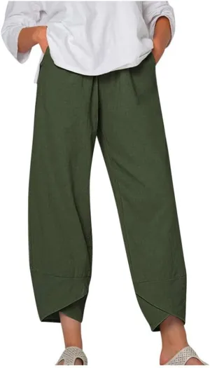 HOTYD Cotton Linen Pants Casual Summer Capri Pants for Women Baggy Elastic Waisted Yoga Trousers Wide Leg Cropped Pants