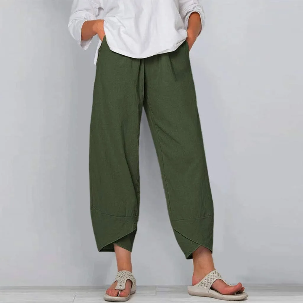 HOTYD Cotton Linen Pants Casual Summer Capri Pants for Women Baggy Elastic Waisted Yoga Trousers Wide Leg Cropped Pants