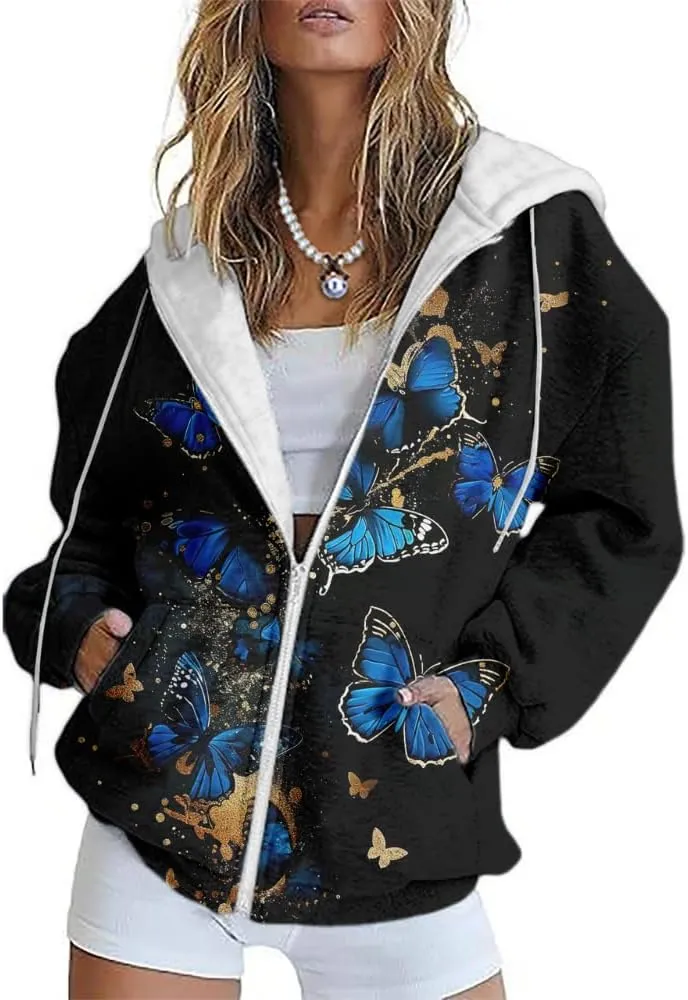 HOTYD Womens Oversized Zip Up Hoodies Floral Print Casual Long Sleeve Graphic Hoodies Plus Size Fall Tops with Front Pocket