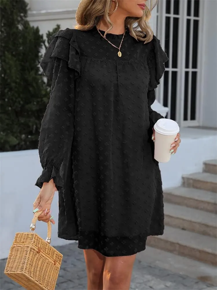 HOULENGS Women's Casual Ruffle Long Sleeve Chiffon Dresses Crew Neck A Line Swing Mini Dress