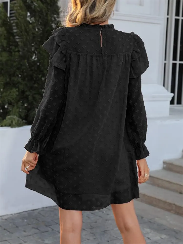 HOULENGS Women's Casual Ruffle Long Sleeve Chiffon Dresses Crew Neck A Line Swing Mini Dress