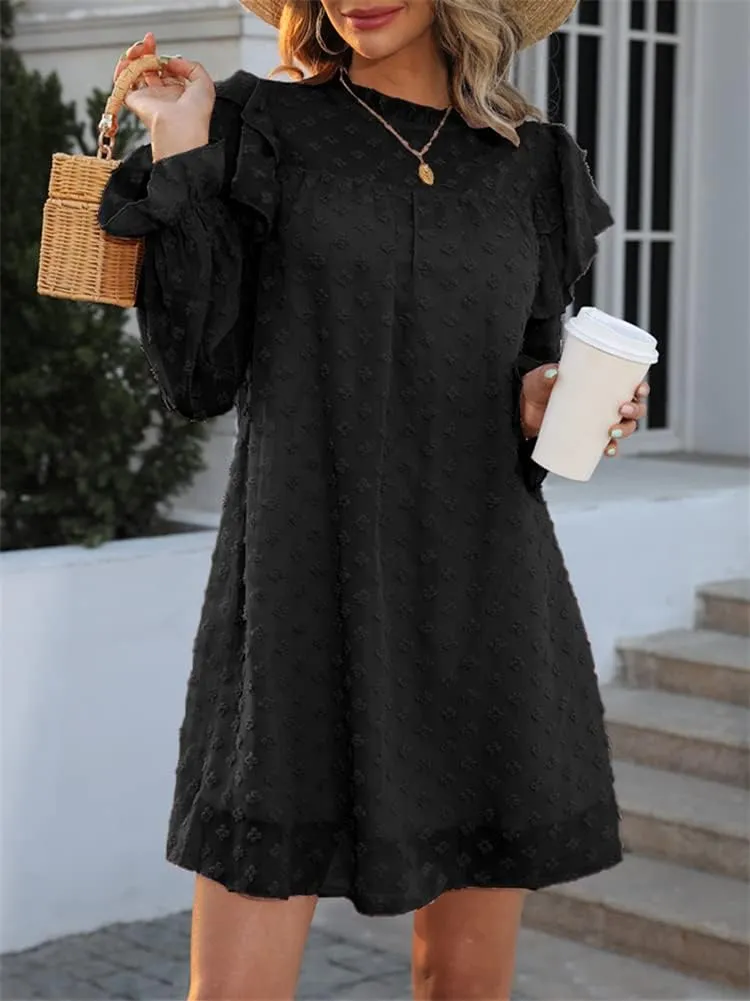 HOULENGS Women's Casual Ruffle Long Sleeve Chiffon Dresses Crew Neck A Line Swing Mini Dress