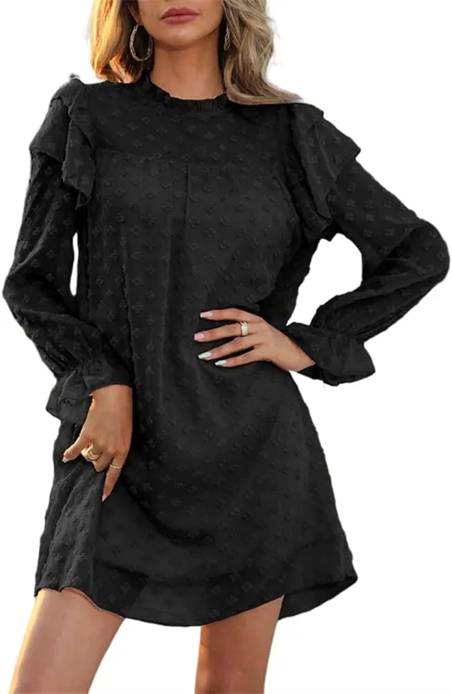 HOULENGS Women's Casual Ruffle Long Sleeve Chiffon Dresses Crew Neck A Line Swing Mini Dress