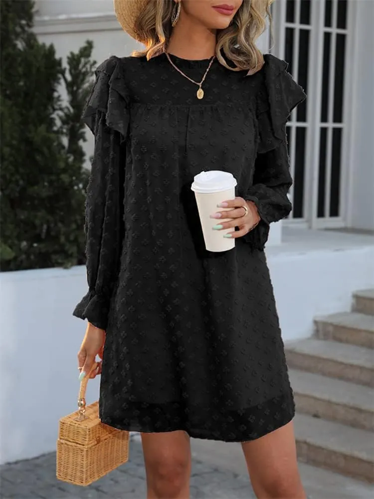 HOULENGS Women's Casual Ruffle Long Sleeve Chiffon Dresses Crew Neck A Line Swing Mini Dress