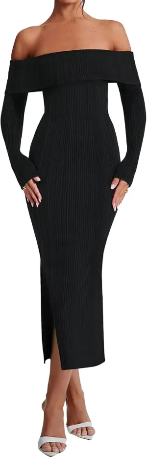 HYPERFIRE Women's Fall Long Sleeve Off The Shoulder Bodycon Maxi Dress Ribbed Party Midi Dresses