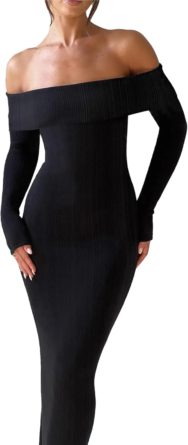 HYPERFIRE Women's Fall Long Sleeve Off The Shoulder Bodycon Maxi Dress Ribbed Party Midi Dresses