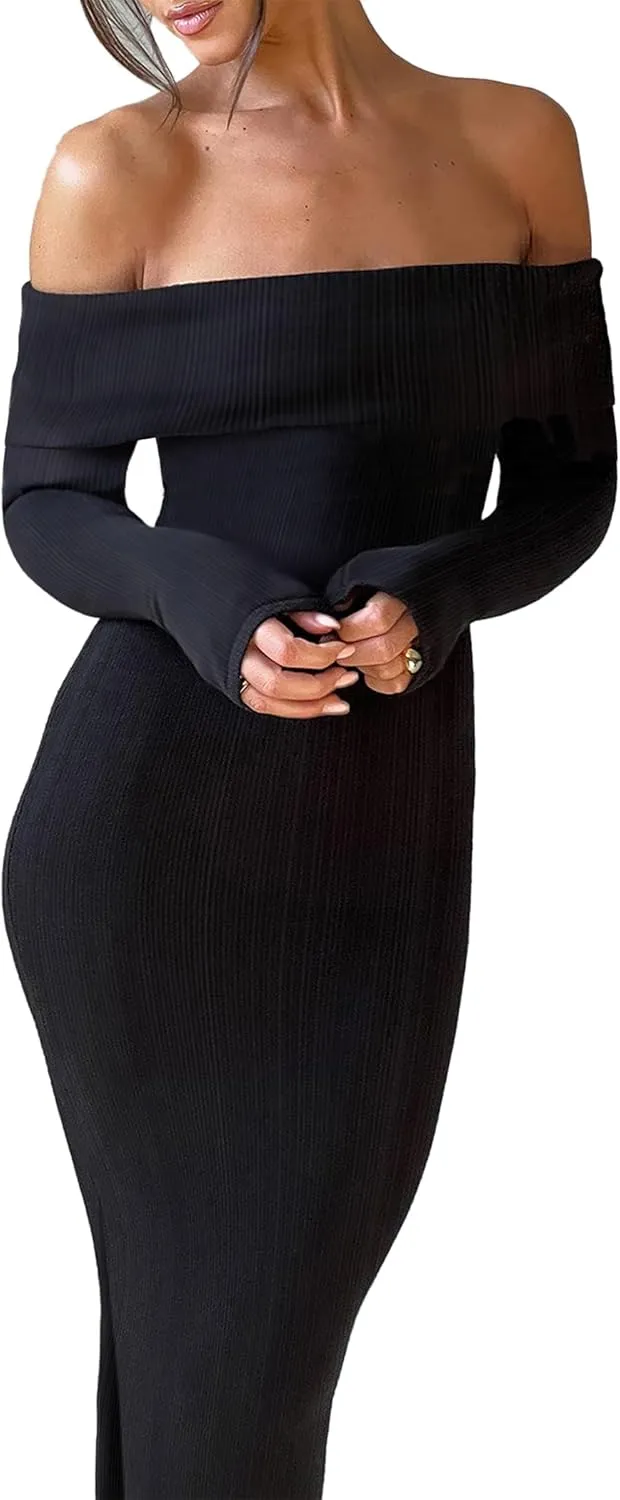 HYPERFIRE Women's Fall Long Sleeve Off The Shoulder Bodycon Maxi Dress Ribbed Party Midi Dresses