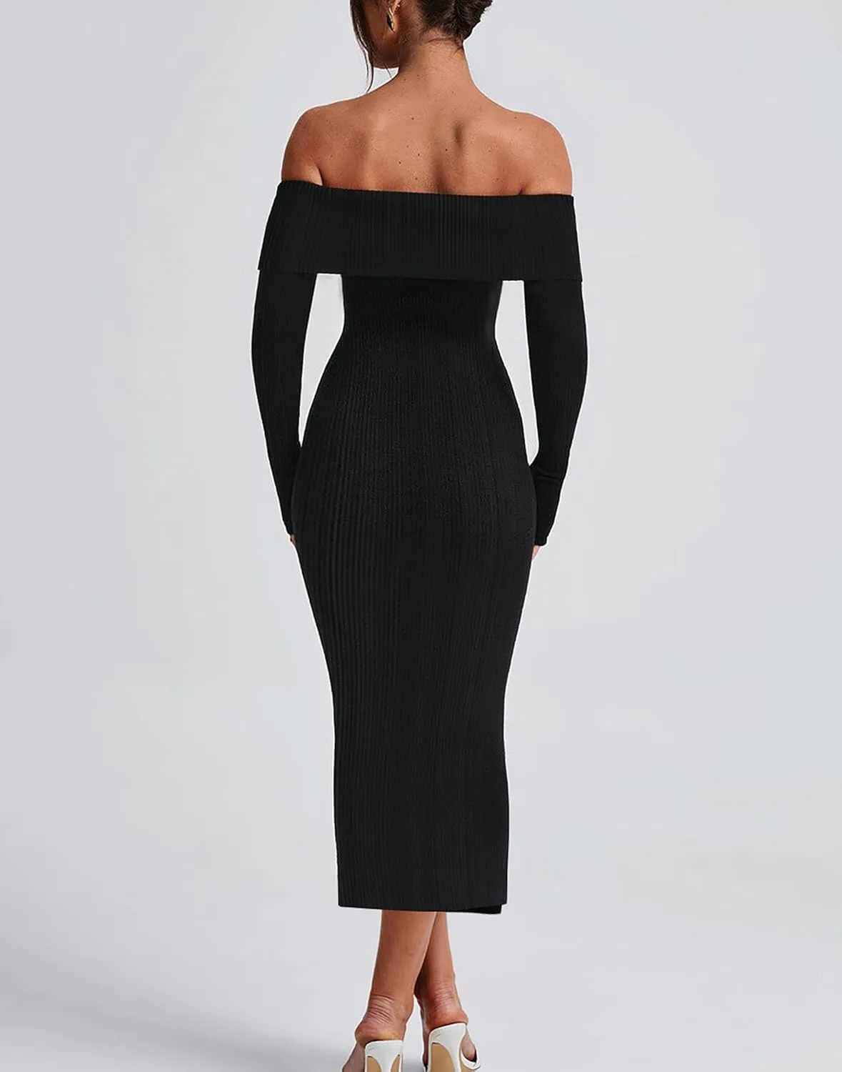 HYPERFIRE Women's Fall Long Sleeve Off The Shoulder Bodycon Maxi Dress Ribbed Party Midi Dresses