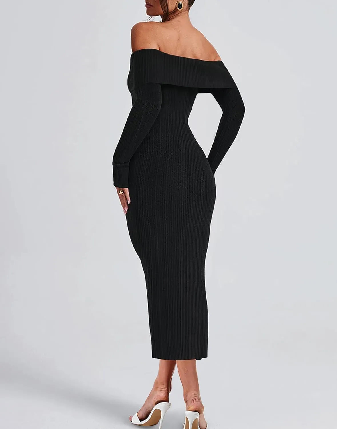 HYPERFIRE Women's Fall Long Sleeve Off The Shoulder Bodycon Maxi Dress Ribbed Party Midi Dresses