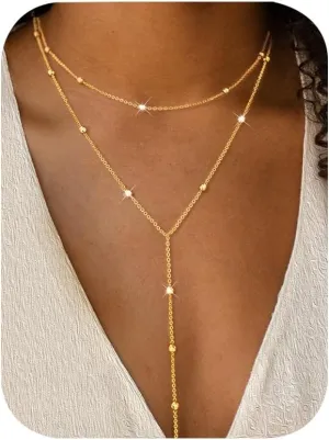iF YOU Lariat Gold Long Necklaces for Women Trendy, Dainty 14K Gold Plated Drop Chain Necklace, Layered Rosary Beaded Y Necklaces Fashion Jewelry