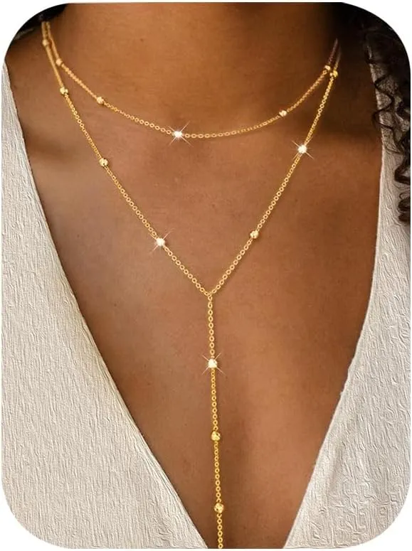iF YOU Lariat Gold Long Necklaces for Women Trendy, Dainty 14K Gold Plated Drop Chain Necklace, Layered Rosary Beaded Y Necklaces Fashion Jewelry