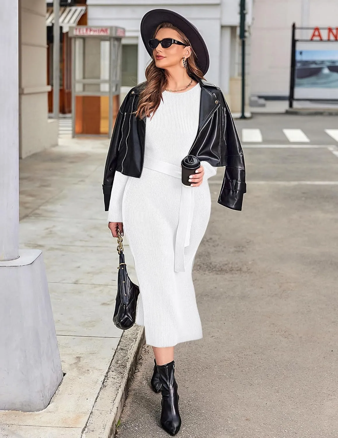 IN'VOLAND Plus Size Womens Ribbed Sweater Dress Long Sleeve Crewneck Tie Waist Knit Bodycon Midi Dresses with Belt