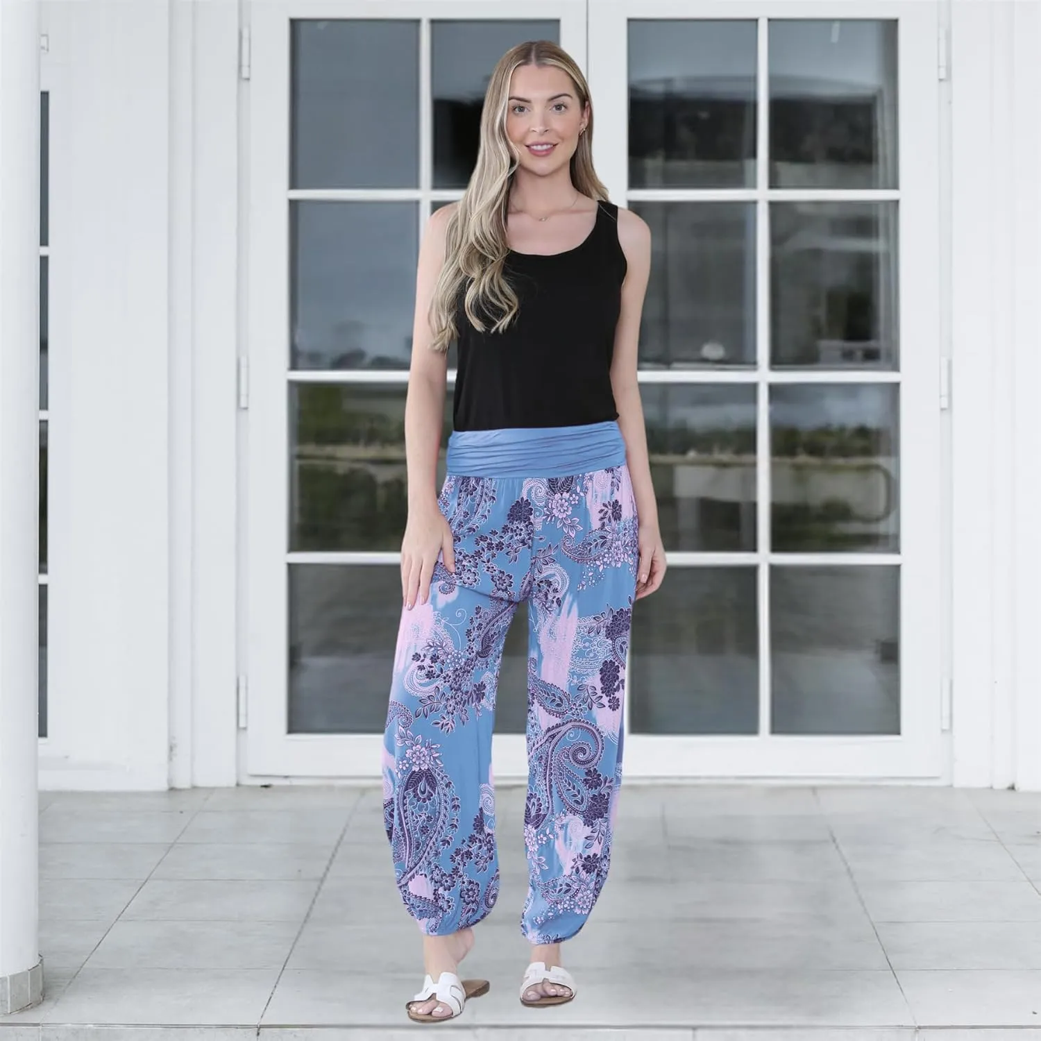 Janisramone Harem Alibaba Pants Trousers - Italian Paisley Print Baggy Harem Yoga Pants Women | Stylish Boho Pants for Women