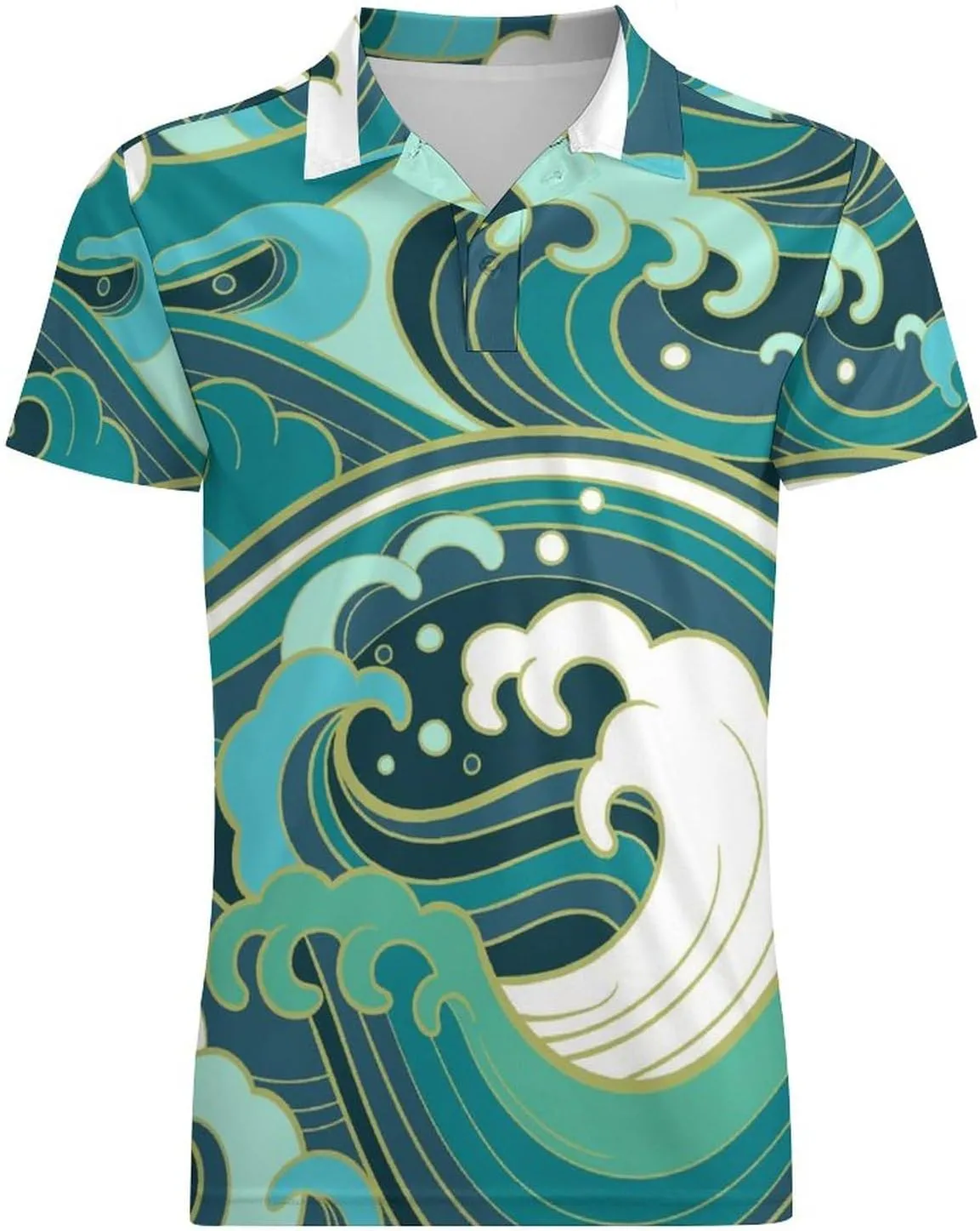 Japanese Cartoon Sea Waves Classic Polo Shirts for Men Quick Dry Short Sleeve Fit Golf Tees Casual Tops