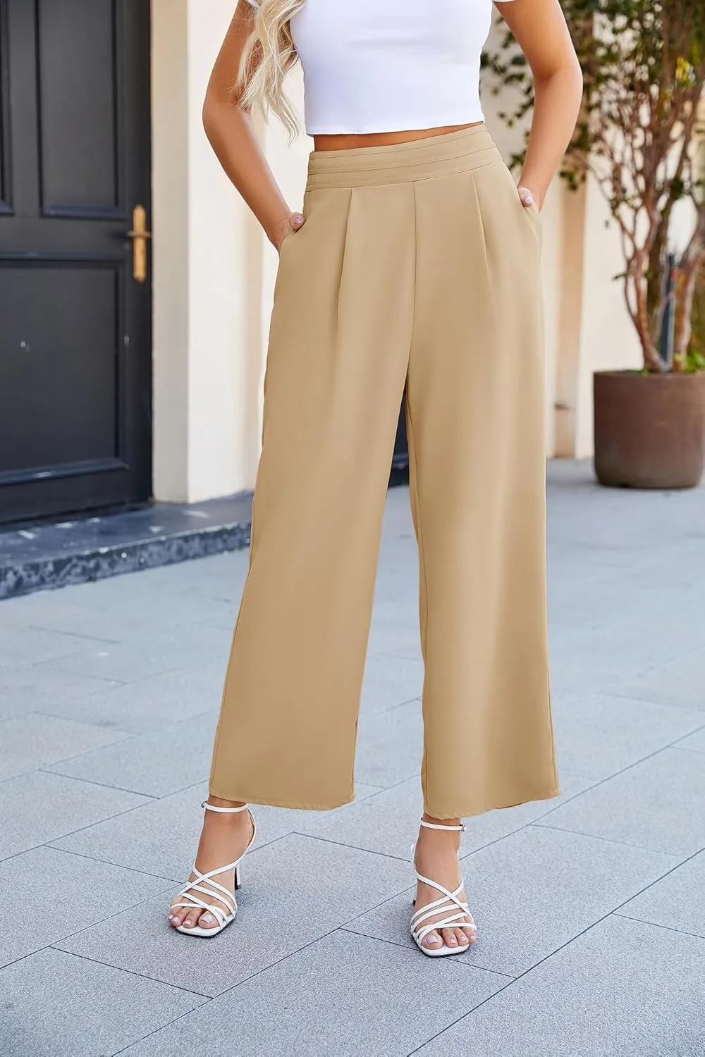 JASAMBAC Women's Wide Leg Pants High Elastic Waisted Pants with Pockets Work Business Office Casual Trousers