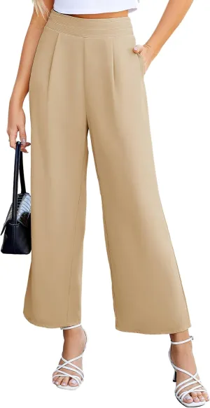 JASAMBAC Women's Wide Leg Pants High Elastic Waisted Pants with Pockets Work Business Office Casual Trousers