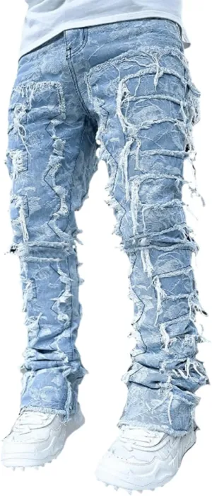 Jeans for Men Stretch Fit Skinny Stacked Ripped Destroyed Jeans Slim Fit Patch Y2K Denim Pants Slim Fit Trousers Streetwear