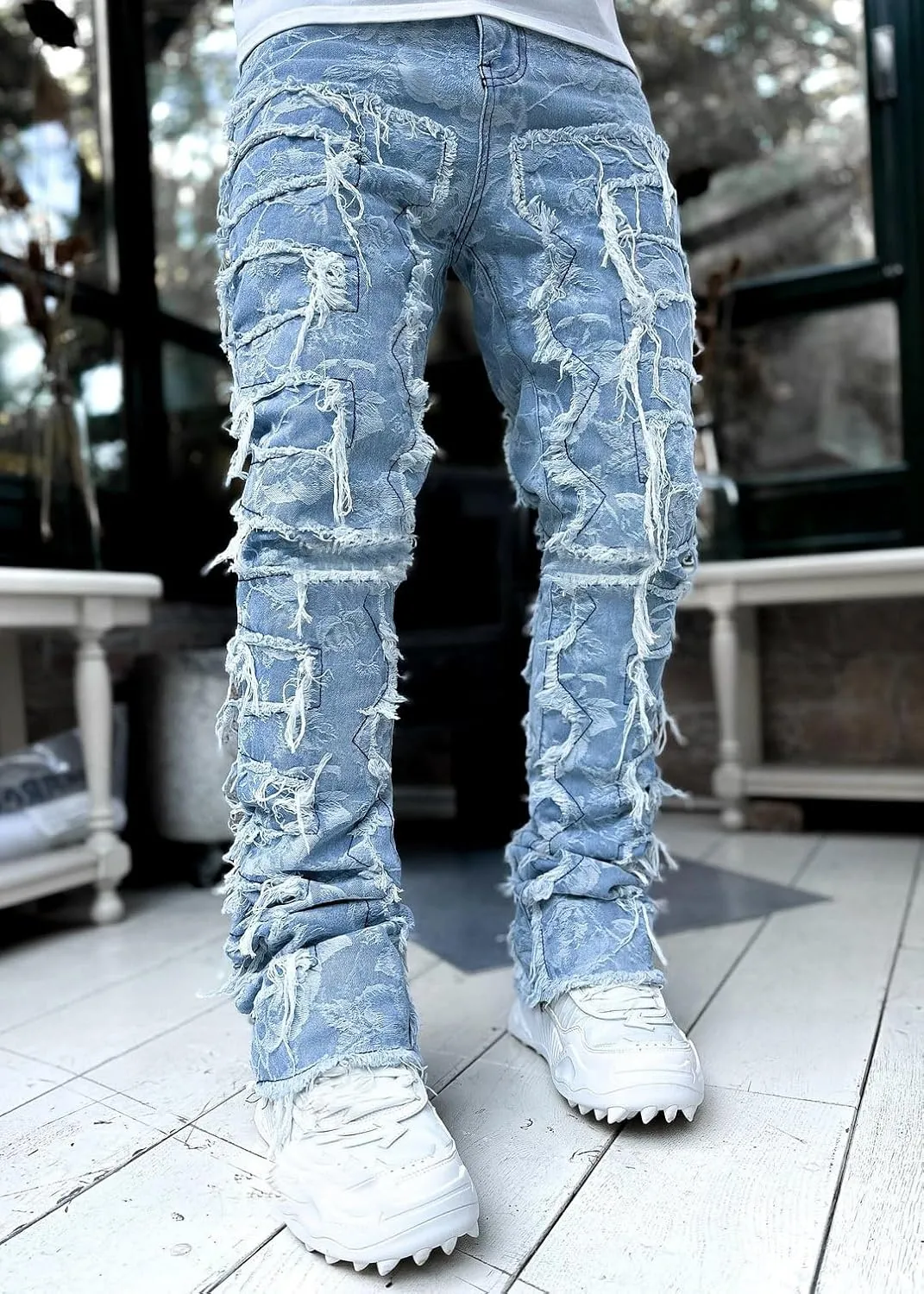 Jeans for Men Stretch Fit Skinny Stacked Ripped Destroyed Jeans Slim Fit Patch Y2K Denim Pants Slim Fit Trousers Streetwear