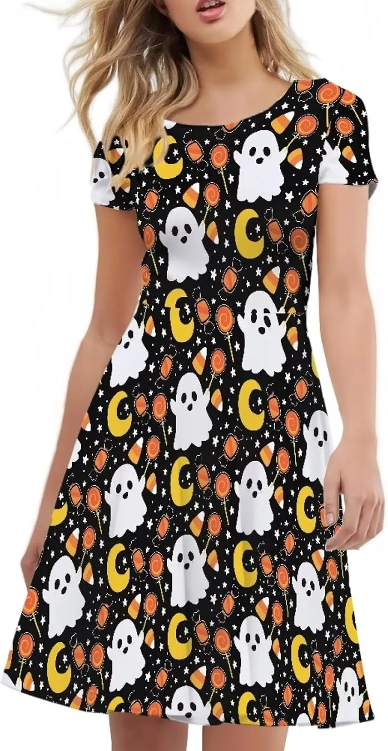 JEOCODY Women Gothic Dress Short Sleeve Crew Neck Halloween Costume Size S-4XL